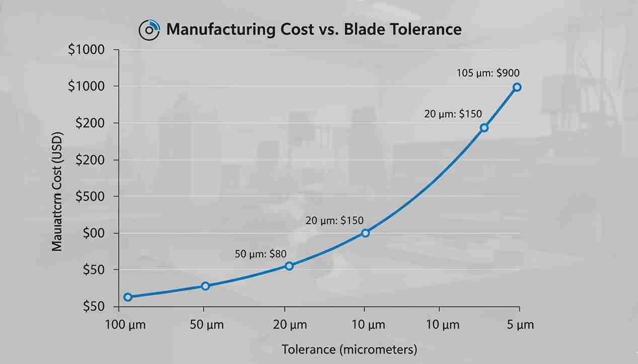 A chart showing the increasing cost with tighter blade tolerances