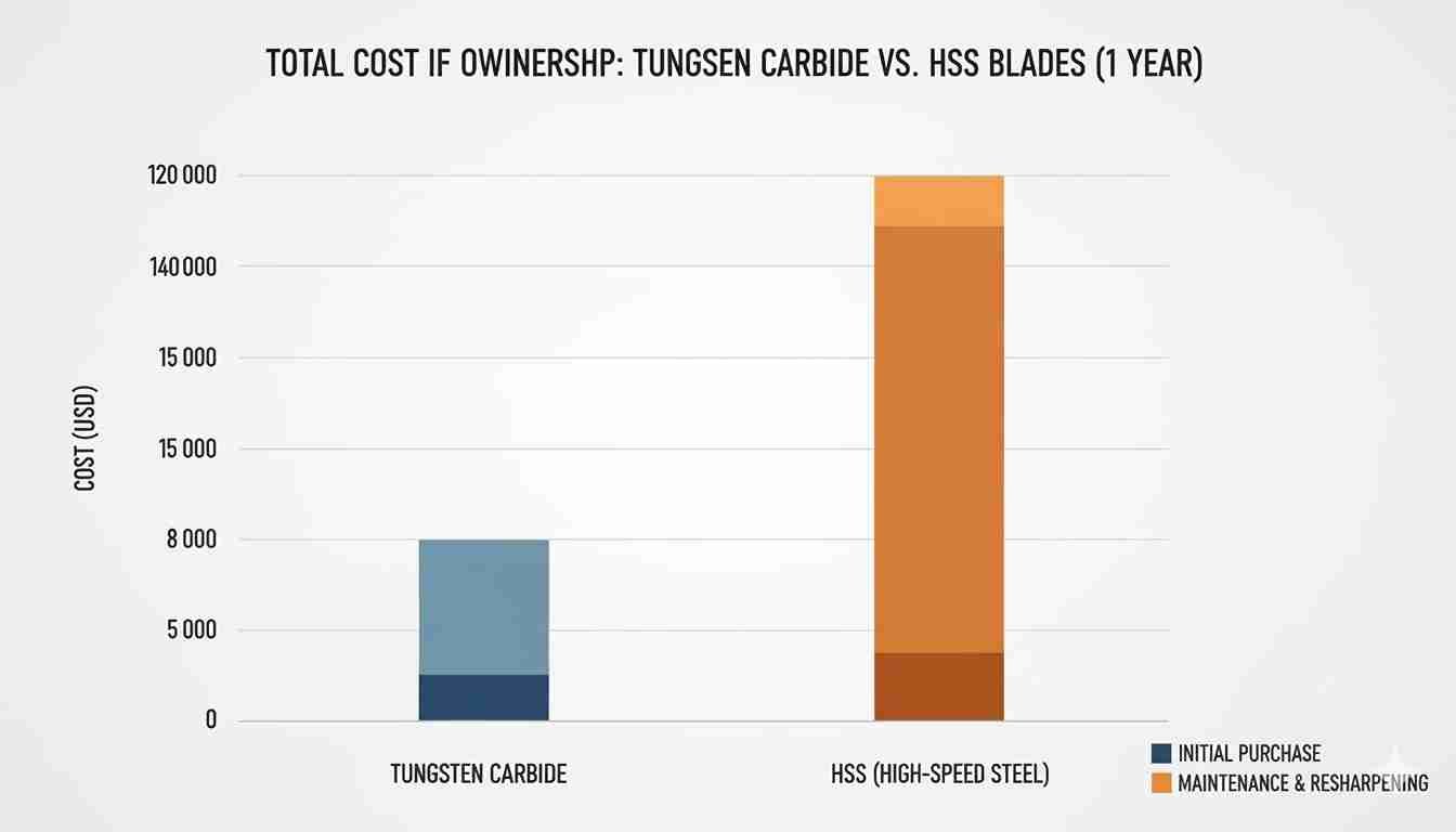 A chart showing the total cost of ownership for tungsten carbide blades versus HSS blades over one year