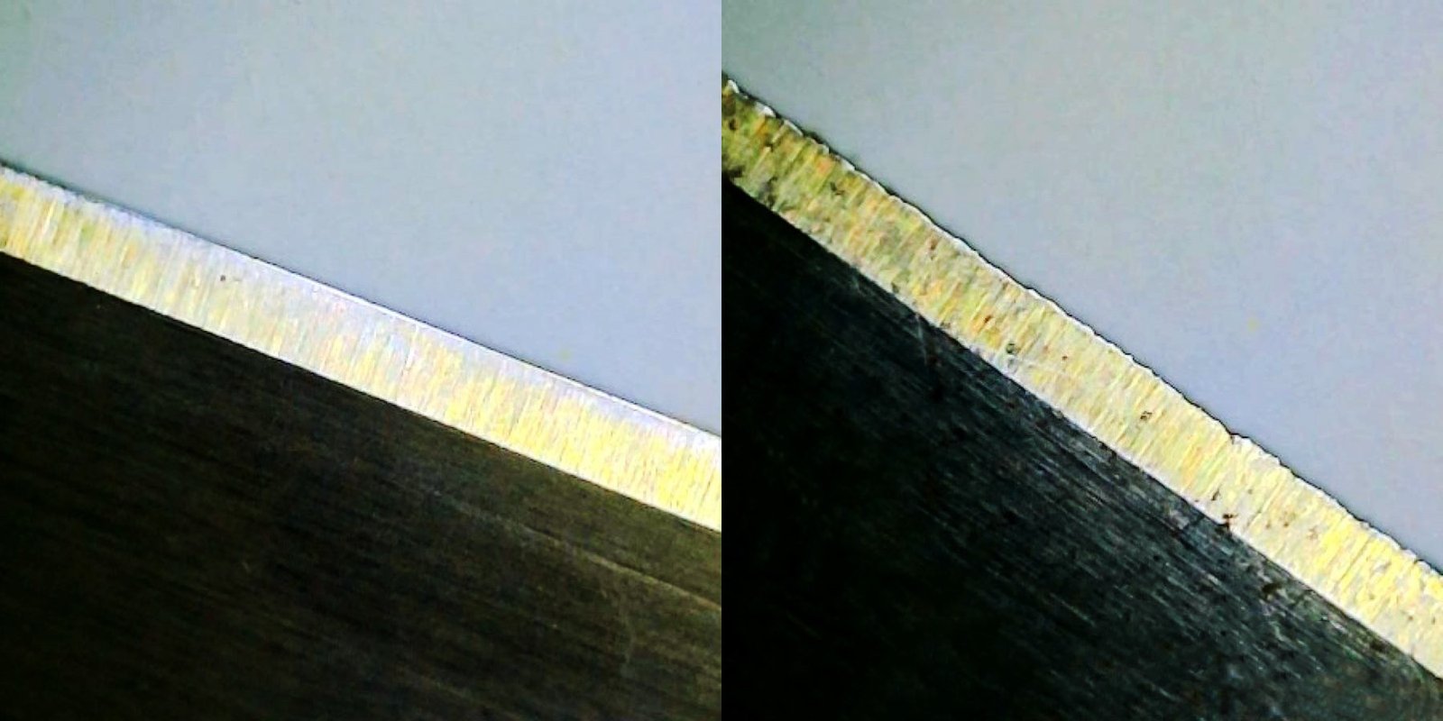 A close-up of a dull blade edge next to a sharp one