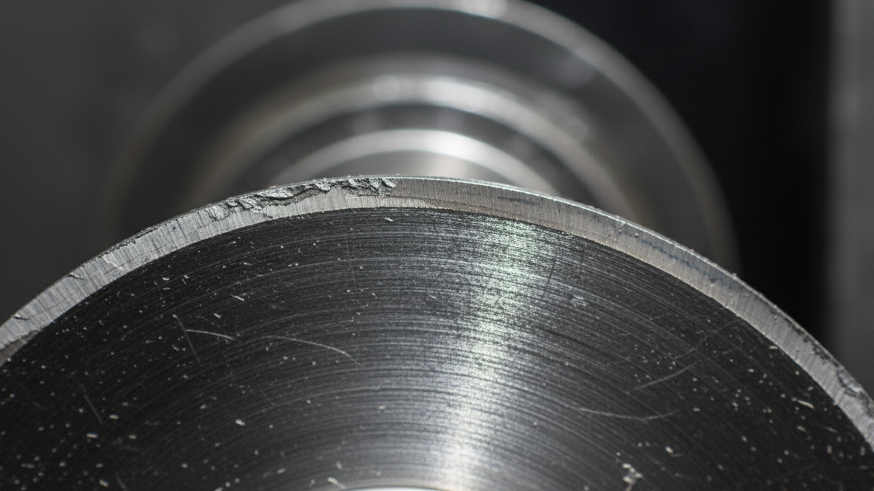 A close-up of a worn industrial cutting blade showing edge wear.