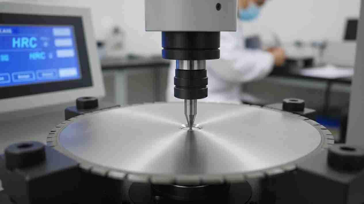 A close-up of an industrial blade undergoing a hardness test