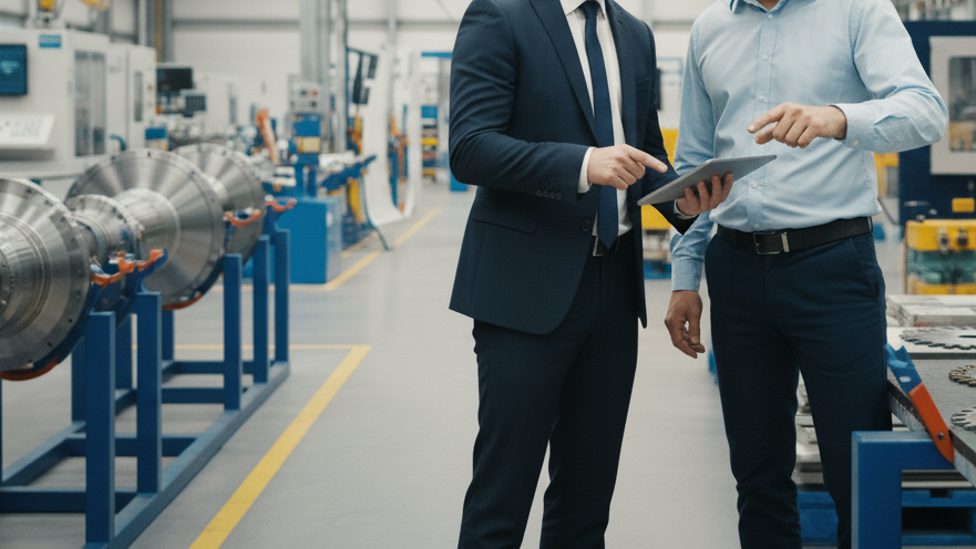 A consultant discussing blade options with a factory manager