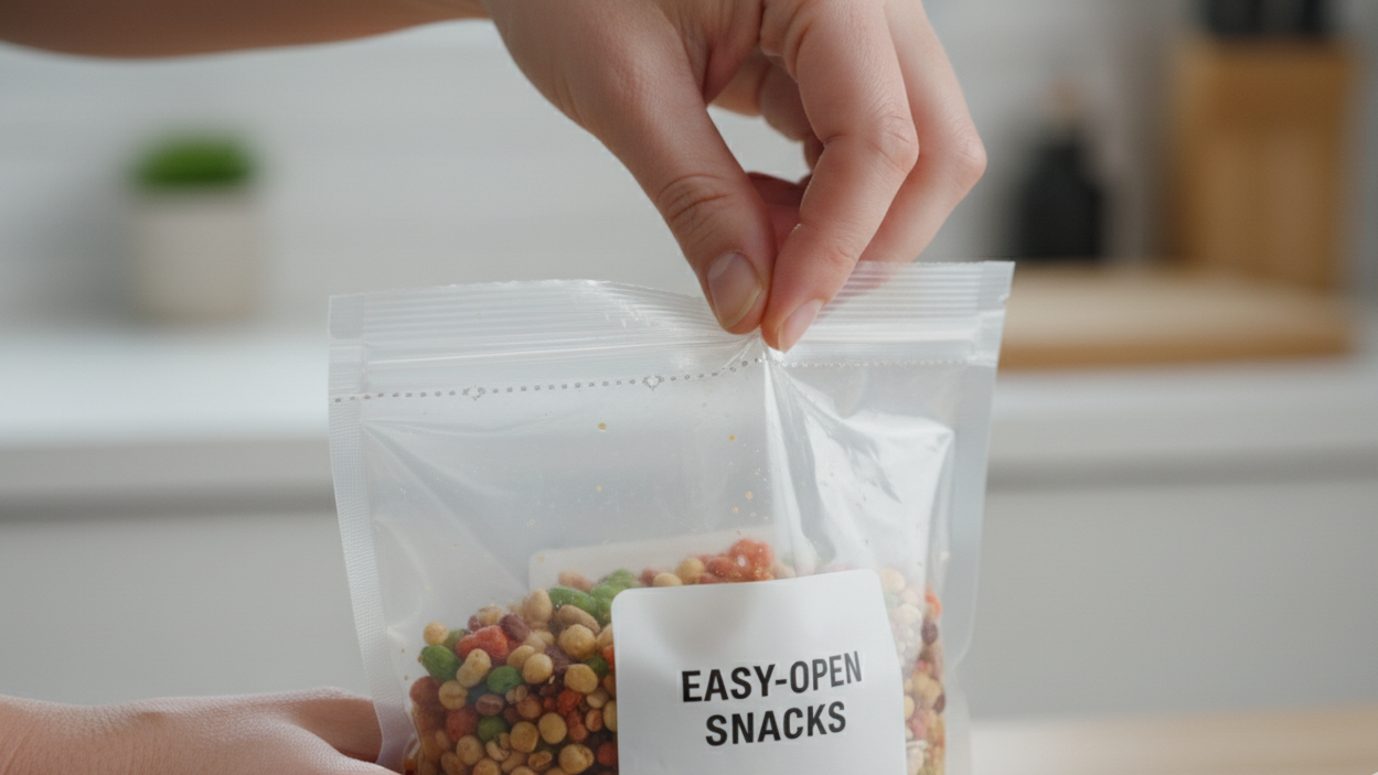 A customer easily tearing open a package along a perforated line