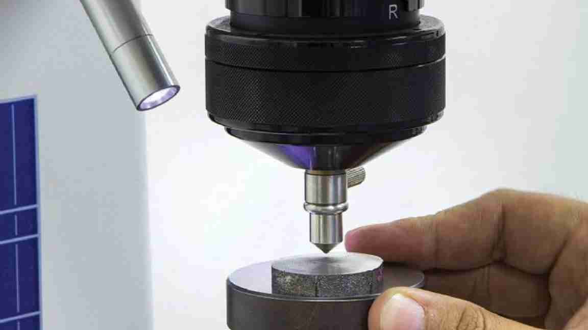 A diagram showing the Rockwell hardness test on a metal sample