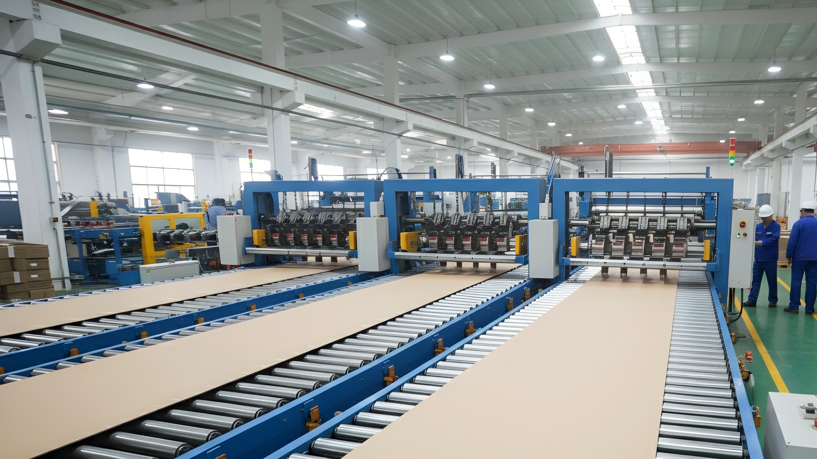 A high-speed corrugated board slitting line in operation.