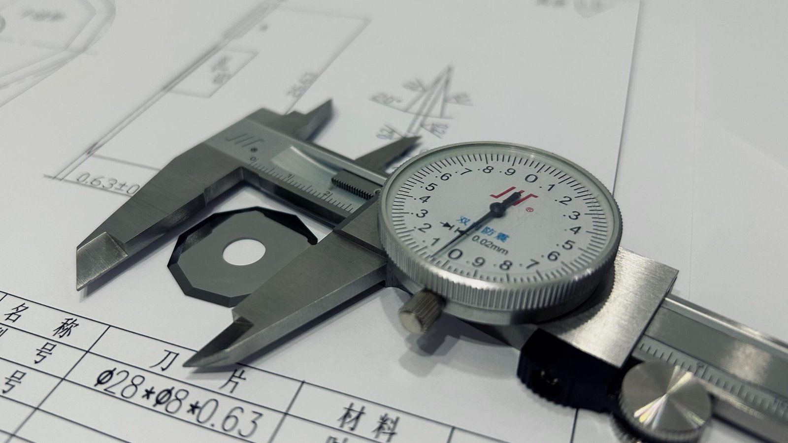 A machine blade being measured with calipers