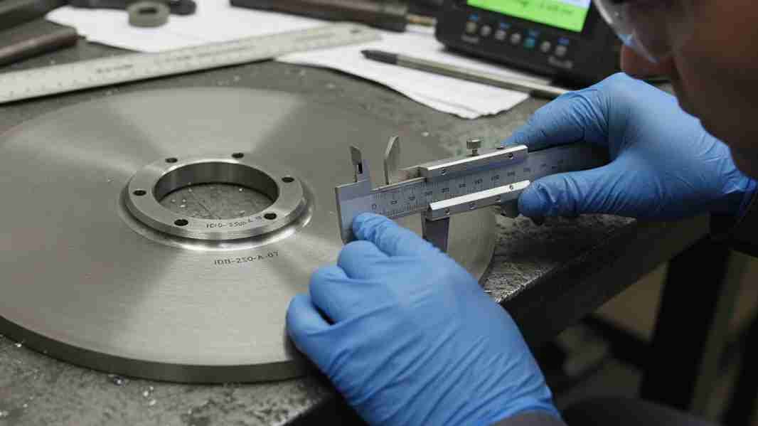 A machine operator pointing to a worn-out bearing on a cutting machine