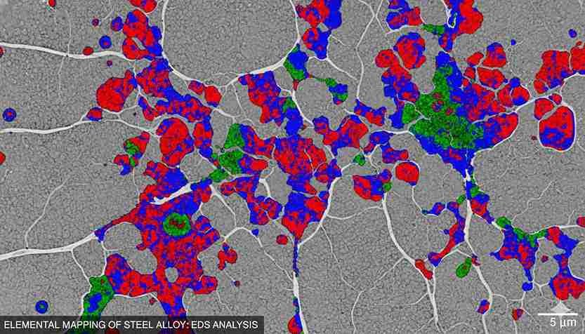A microscopic view of steel alloy showing different elements