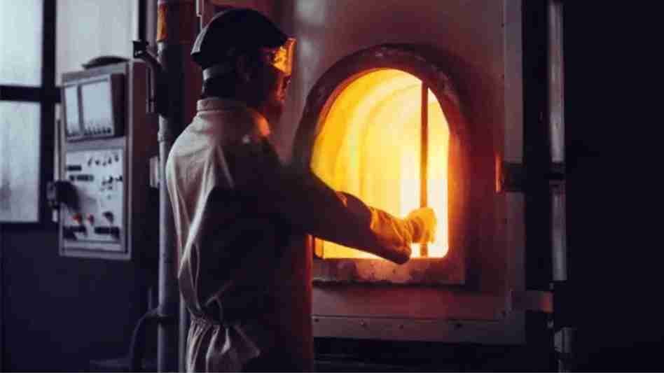 A view inside a high-temperature sintering furnace with glowing blade blanks