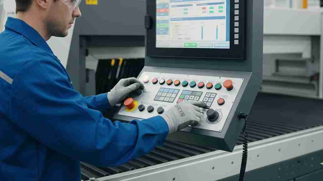 A technician carefully adjusting the settings on an industrial cutting machine control panel.