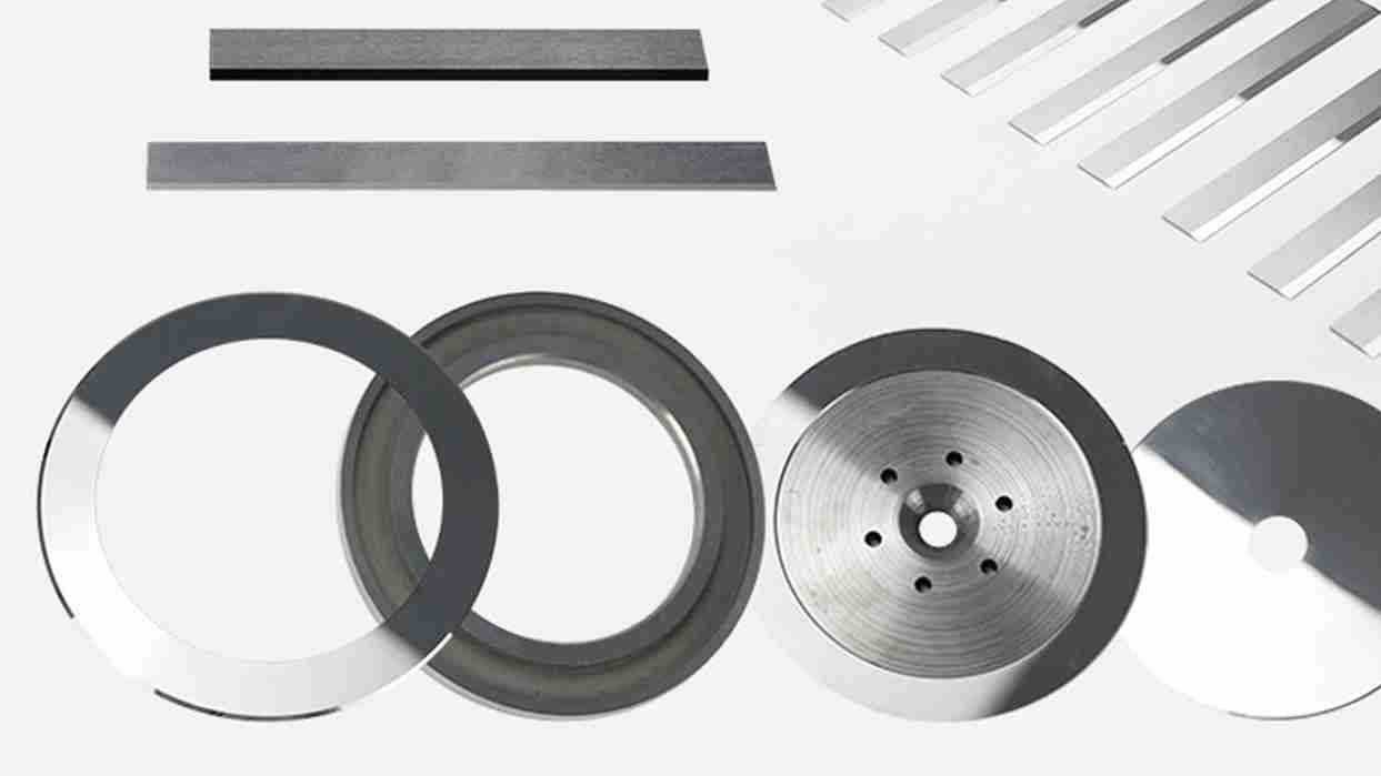 An assortment of different industrial blades made from various materials