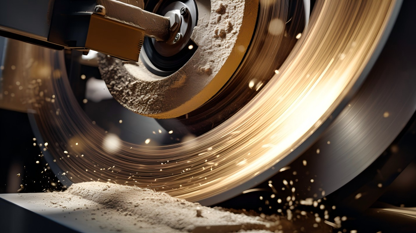 technician inspecting a grinding wheel on a machine