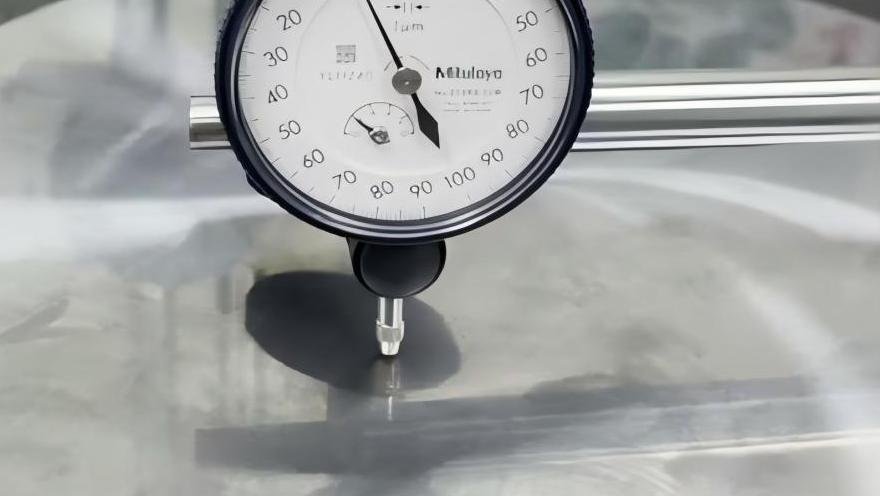 An engineer using a dial indicator to measure the flatness of an industrial blade.