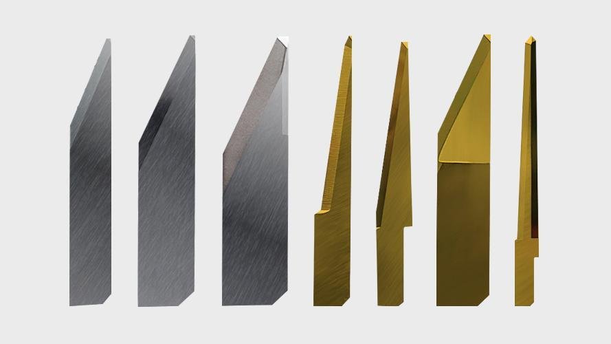 Close-up of a coated CNC blade showing its color