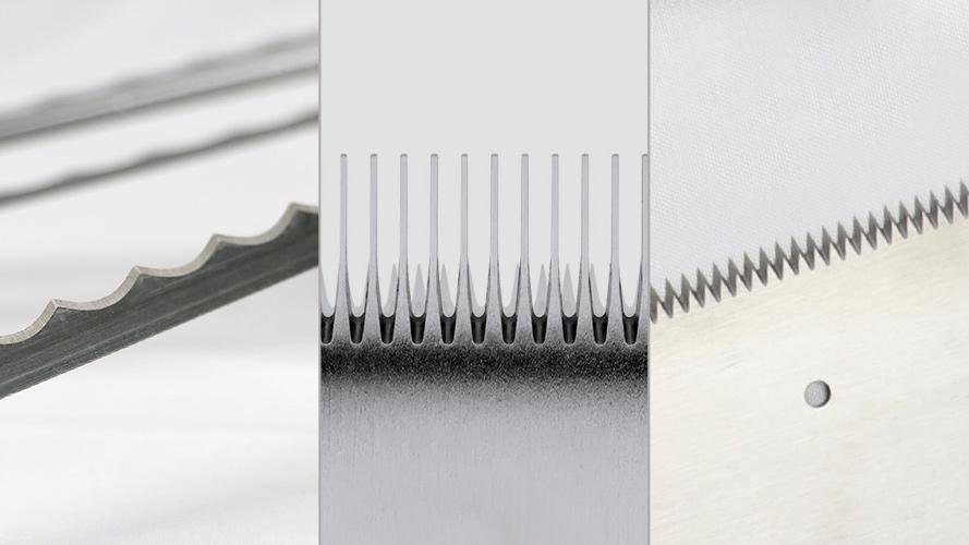 Close-up shots comparing straight, wavy, and serrated blade teeth