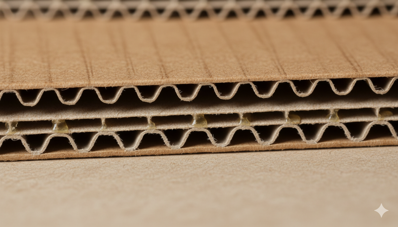 A detailed cross-section of corrugated board showing the liner and fluted medium layers