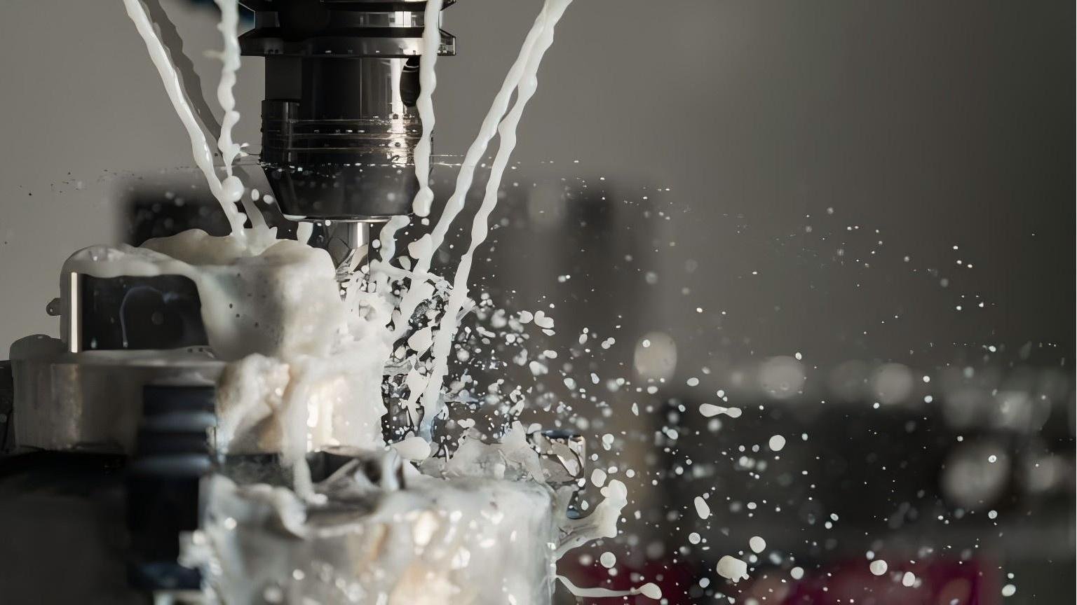 Industrial circular blade cutting through metal with coolant spray