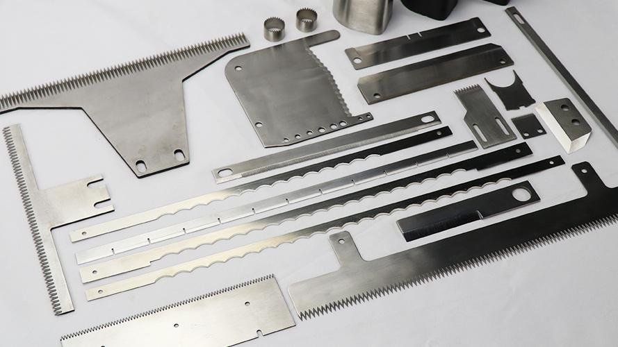 A display of various industrial blades made from different materials