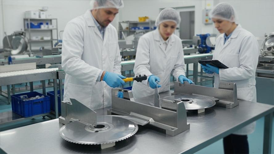 Technician inspecting a food processing blade for maintenance