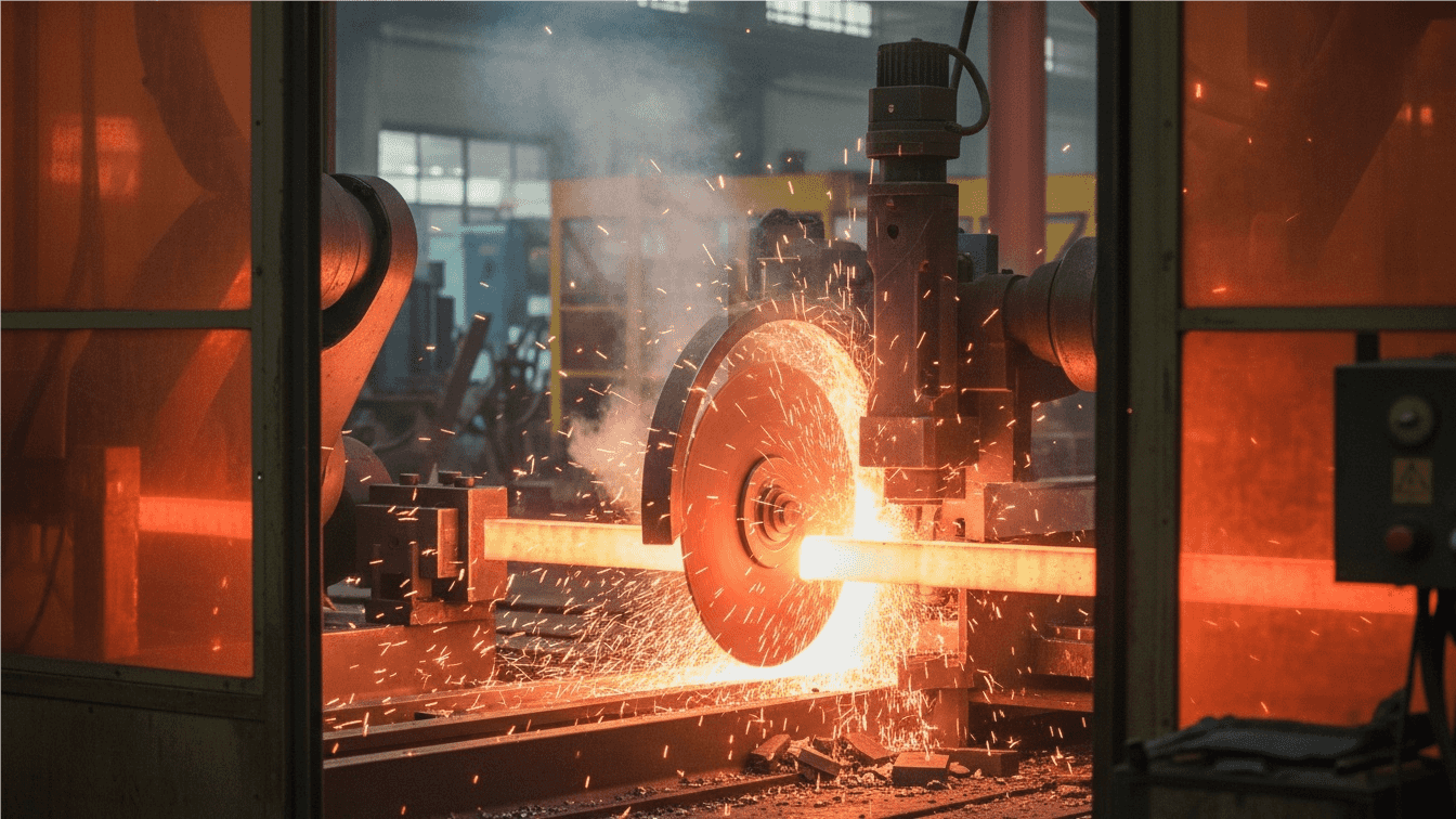 An industrial blade glowing slightly at the cutting edge during a dry cutting process.