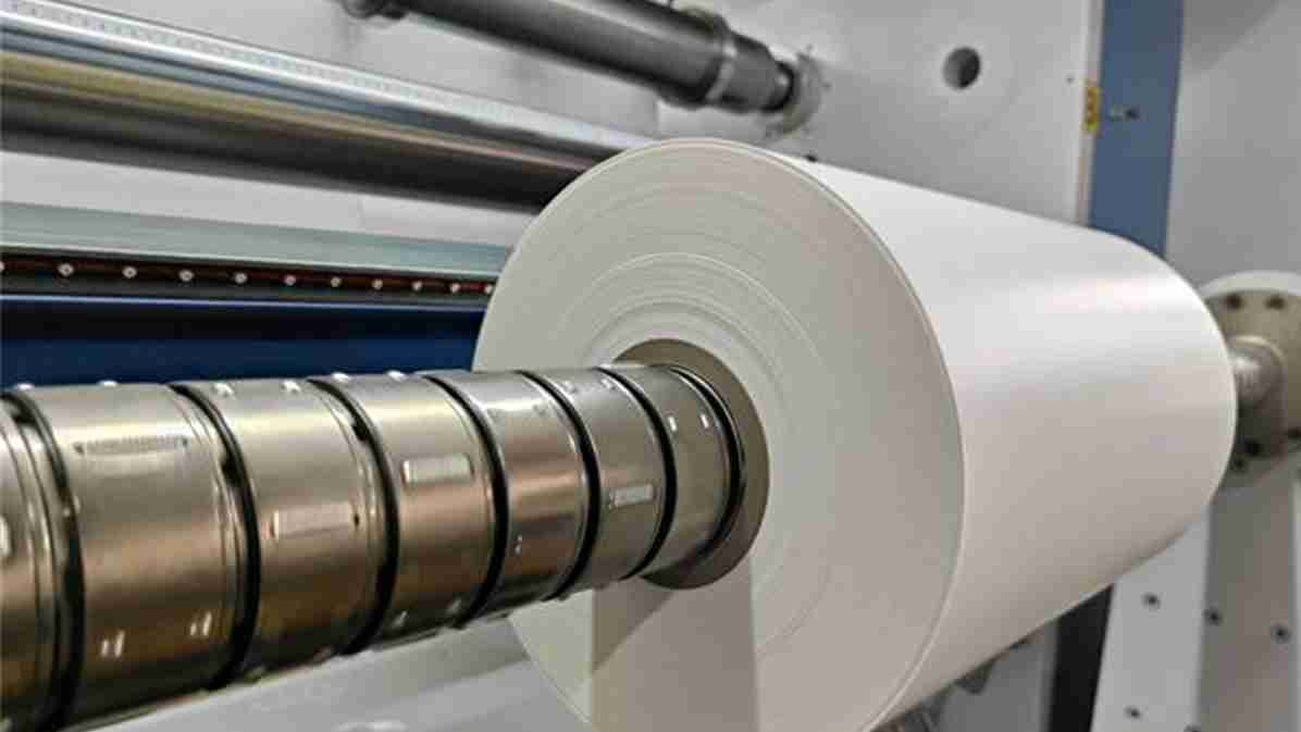 Industrial machine slitting a massive roll of paper