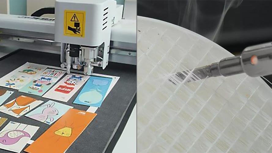 A comparison of a clean mechanical cut on metal and a sealed hot knife cut on synthetic fabric