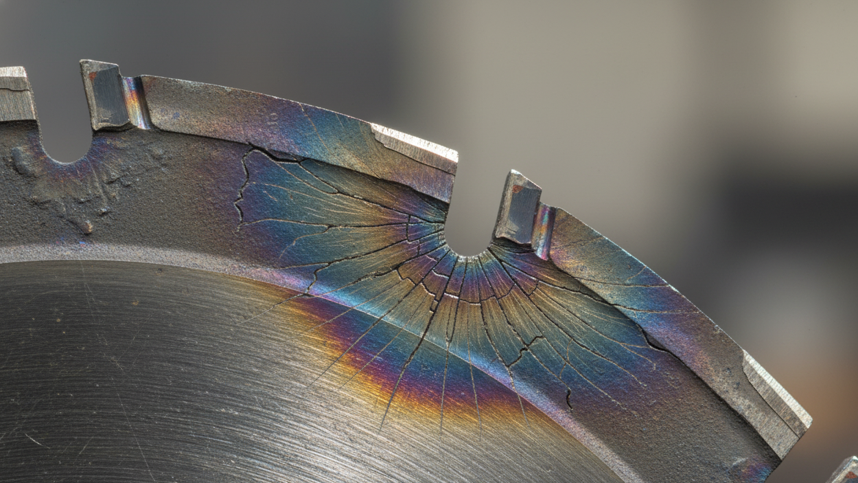 Micro-cracks visible on a heat-damaged carbide blade cutting edge