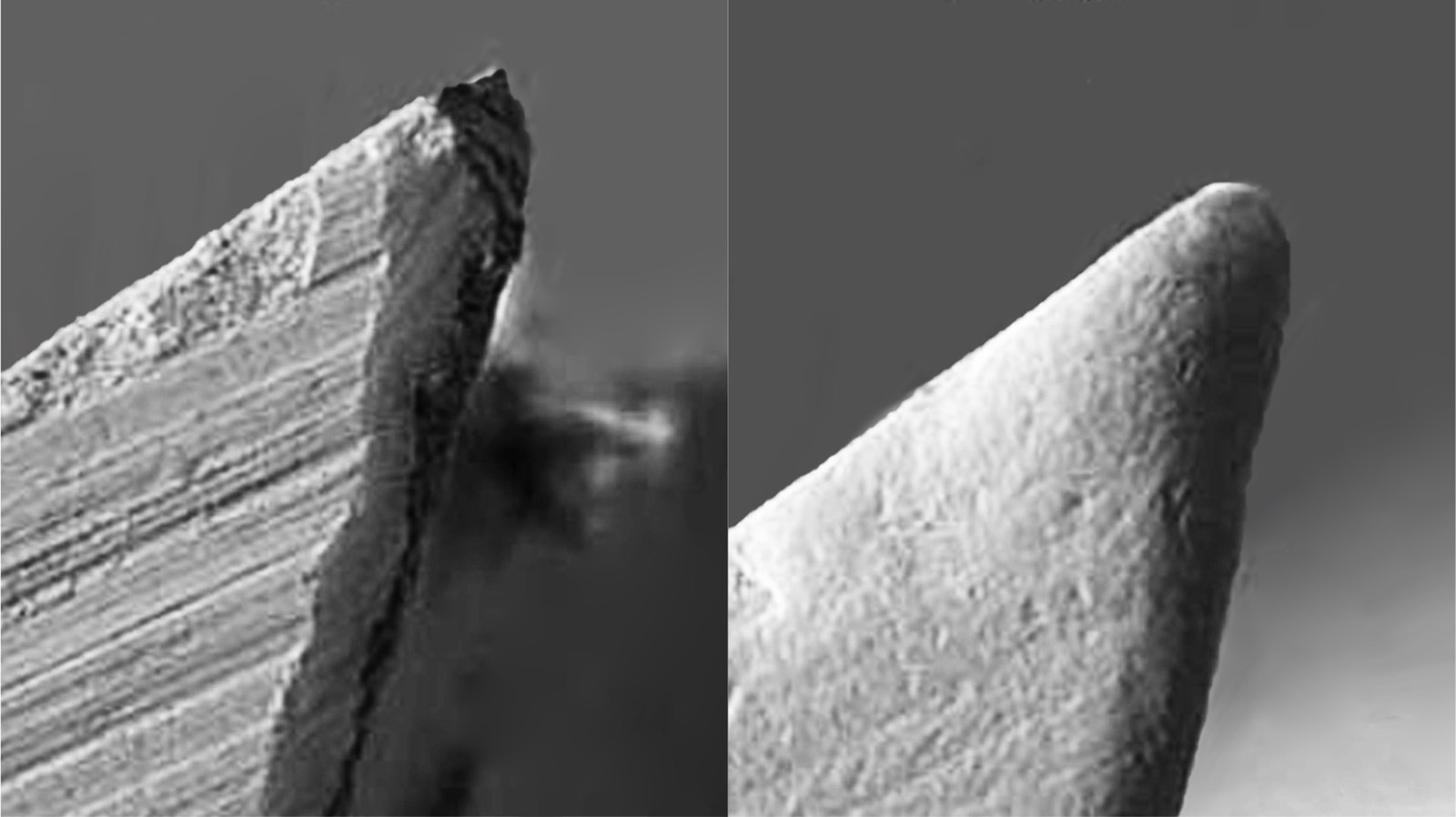 Microscopic image showing wear grooves on a blade's cutting edge
