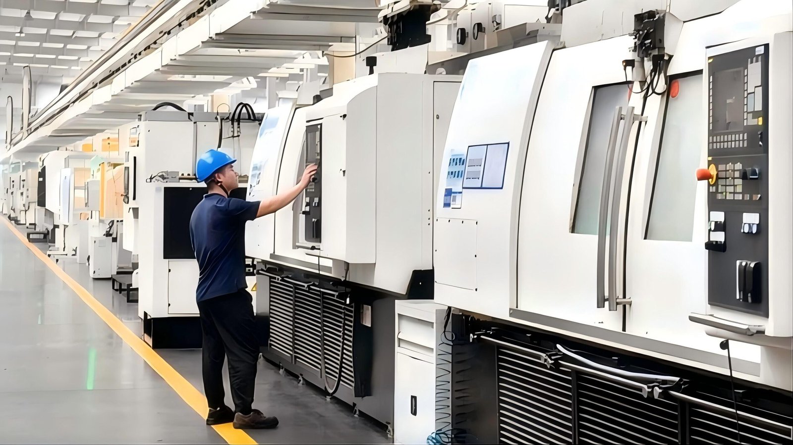 A service technician and a plant manager discussing a cutting machine on the factory floor