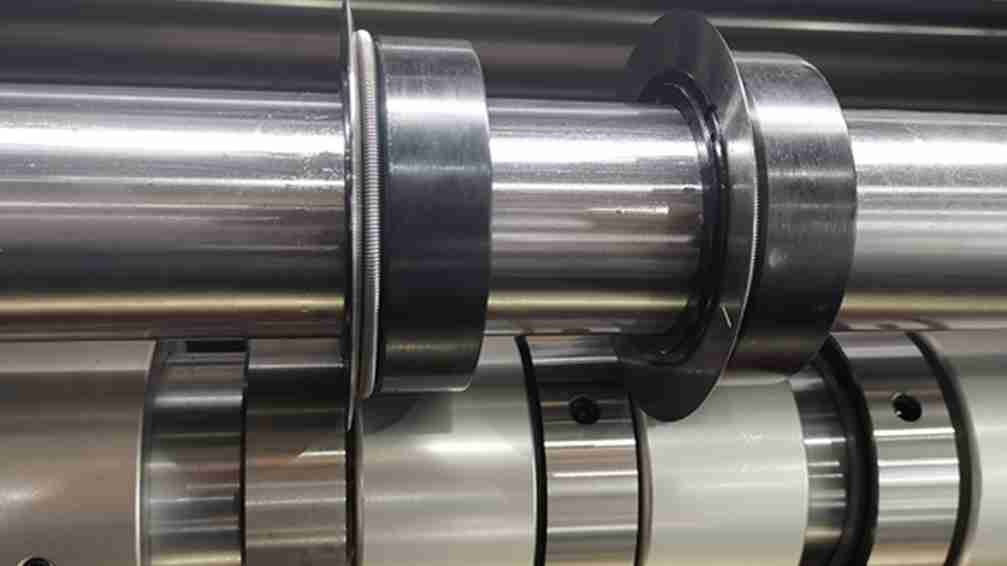 Engineer inspecting a slitting machine's shaft and bearings