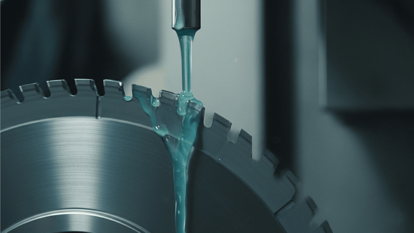 Close-up of cutting fluid being applied to an industrial blade
