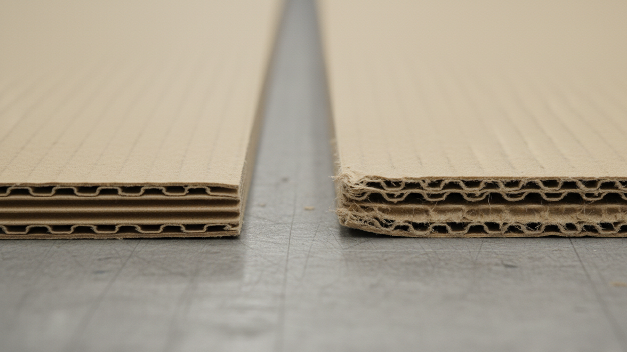 Two corrugated cardboard edges, one clean cut and one with burrs