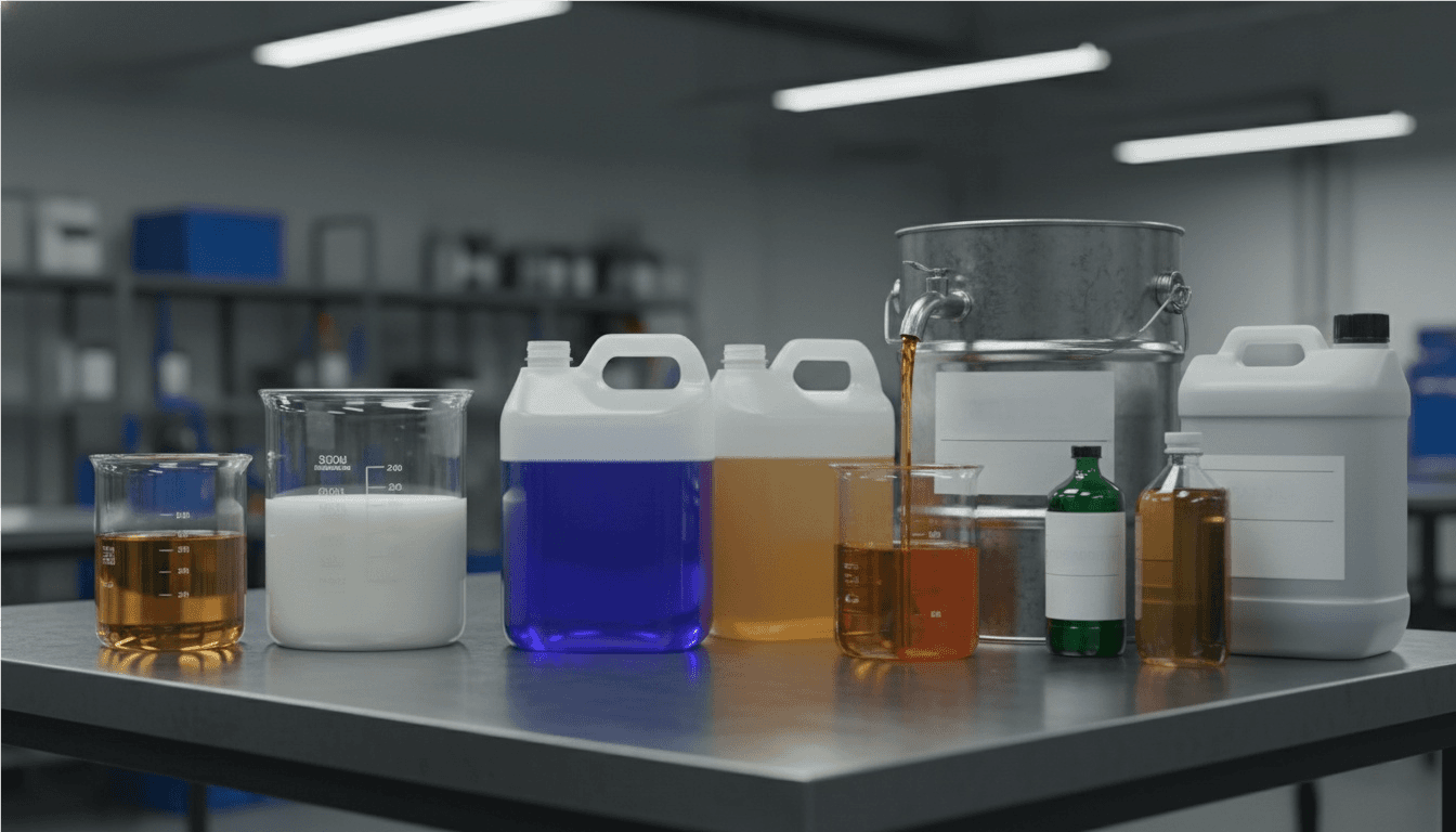 Different types of industrial cutting fluids in containers