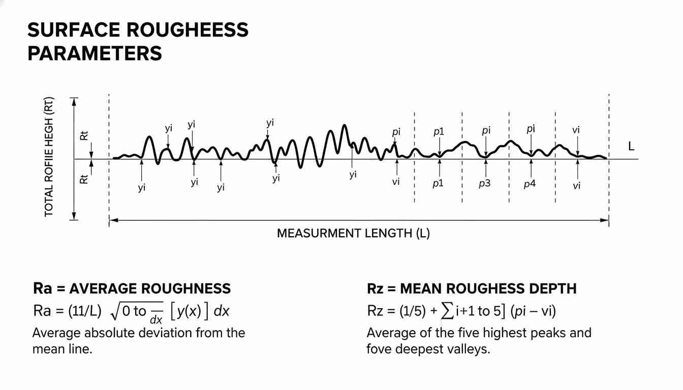A diagram explaining Ra and Rz surface roughness parameters on a magnified surface profile