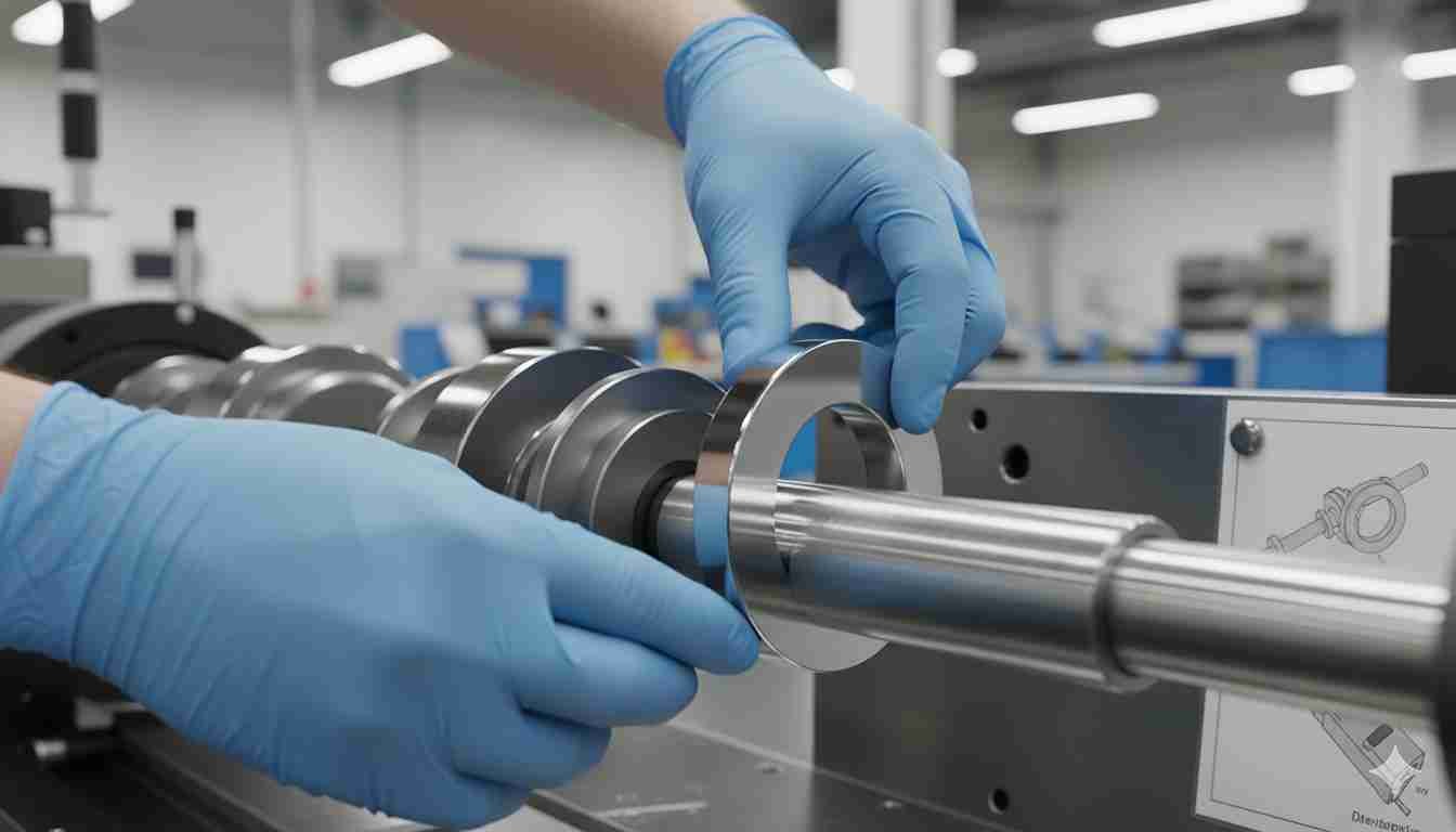 A technician carefully sliding a spacer onto a clean slitter arbor as part of a standard procedure