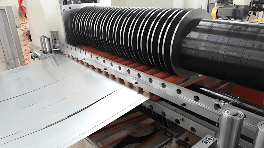 A close-up of a carbon steel slitter blade, highlighting its sharp edge.