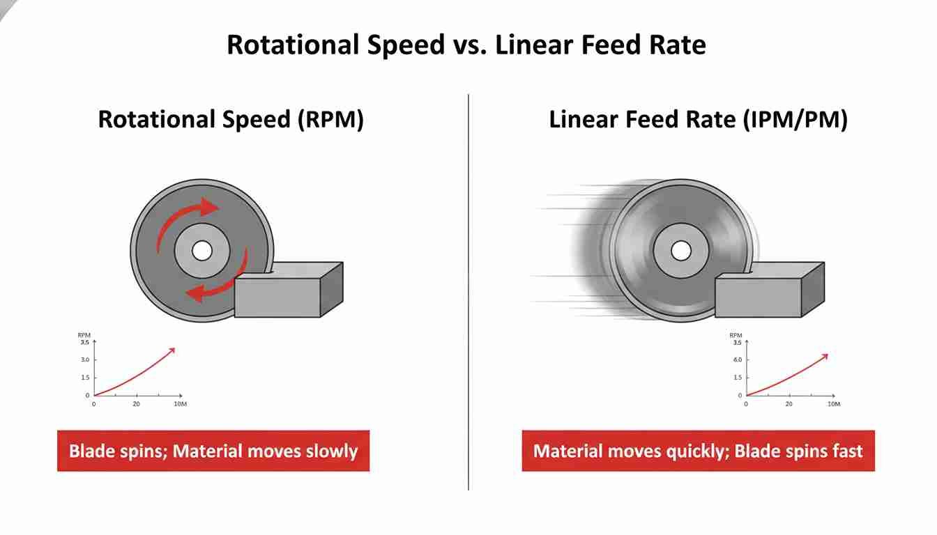 An animation showing the difference between rotational speed and linear feed rate