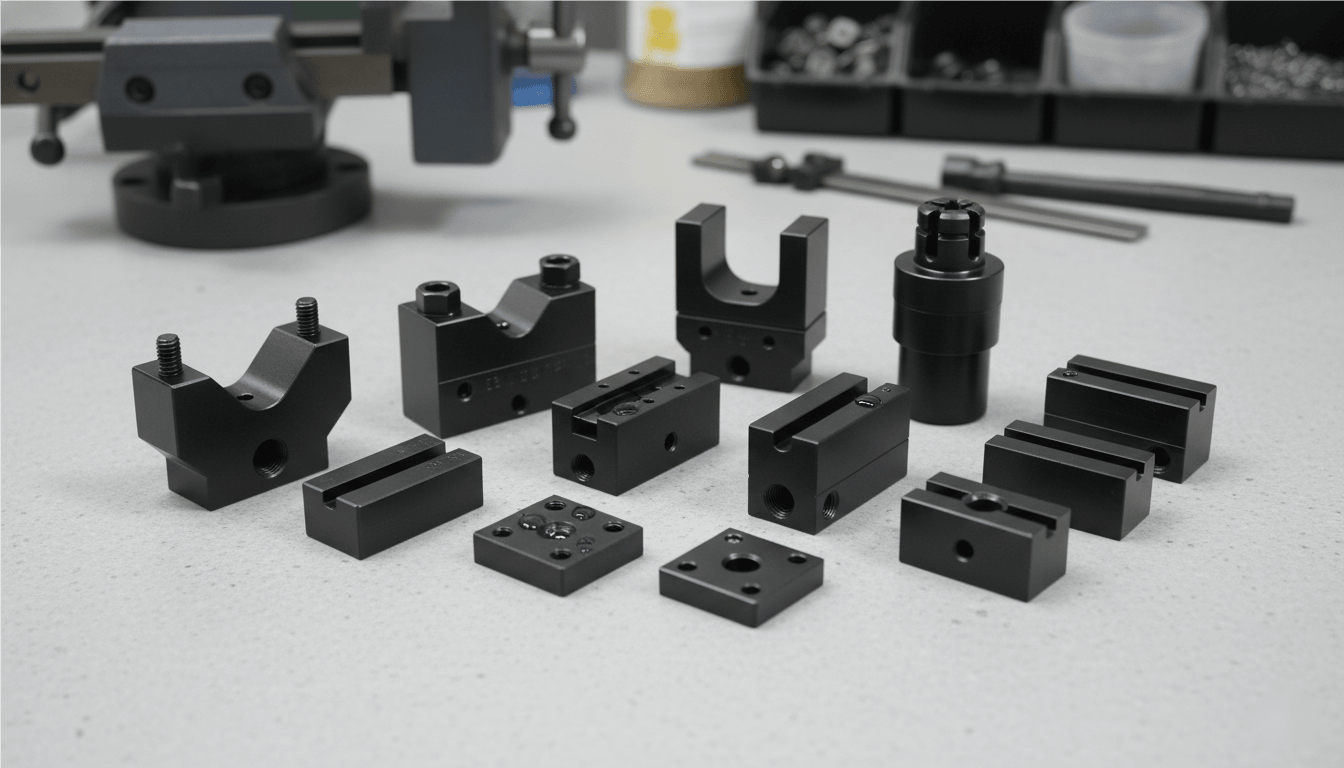 An assortment of small, black-finished tool holders and clamping blocks