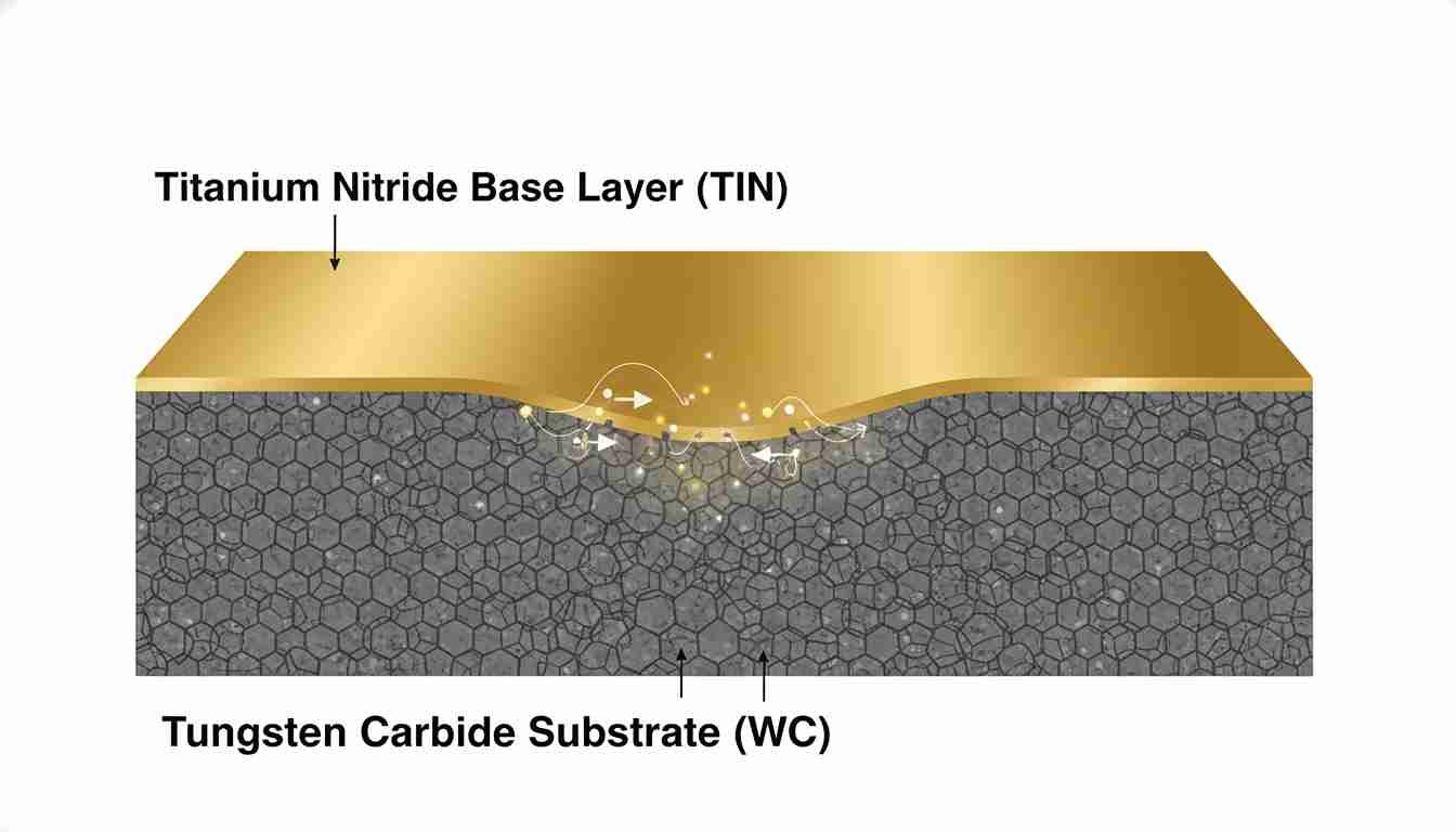 An illustration showing the TiN base layer bonding to a tungsten carbide blade