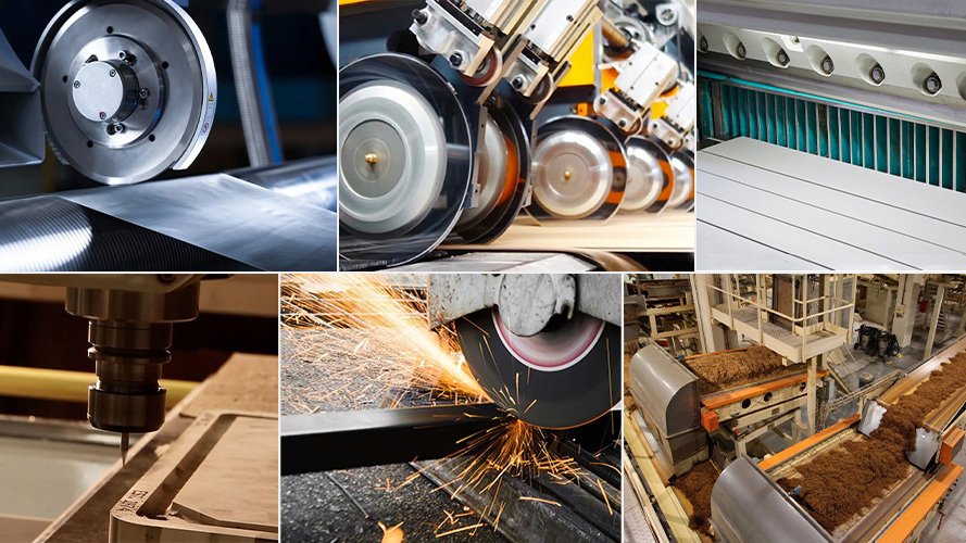 A collage of different industrial applications using tungsten carbide blades, like cutting paper, plastic, and food