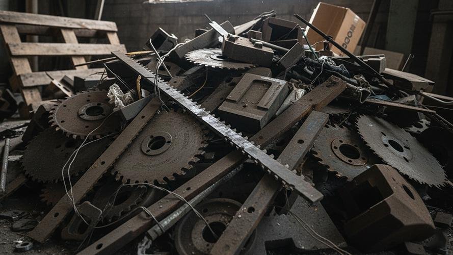 A blade cutting through recycled metal scrap in a heavy-duty machine.