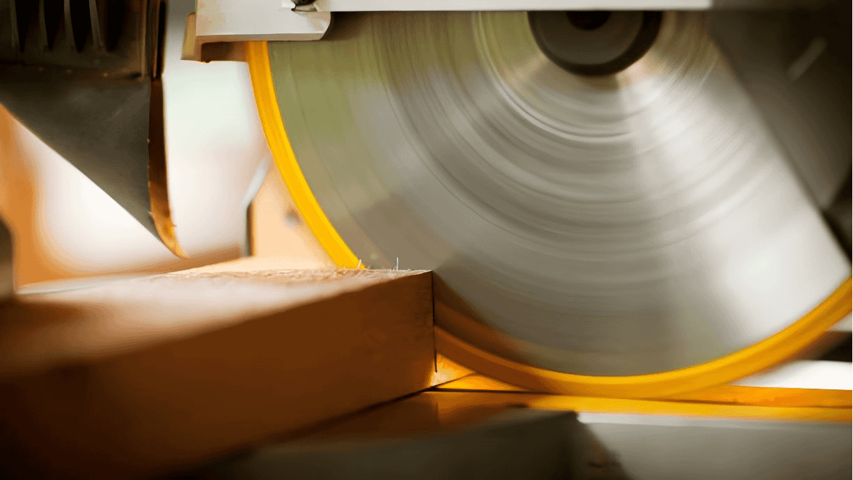 A carbide-tipped saw blade cutting through a piece of hardwood.