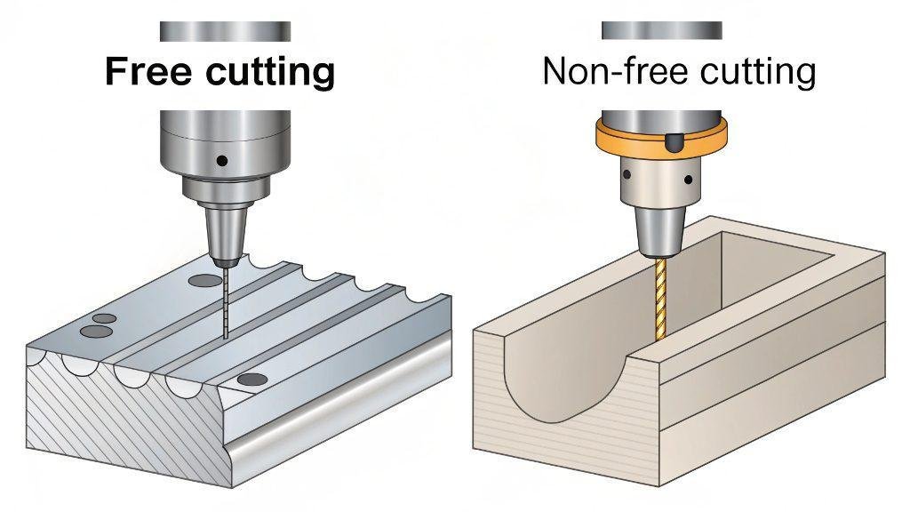 A diagram comparing the edge geometry of a free-cutting blade versus a non-free cutting blade.