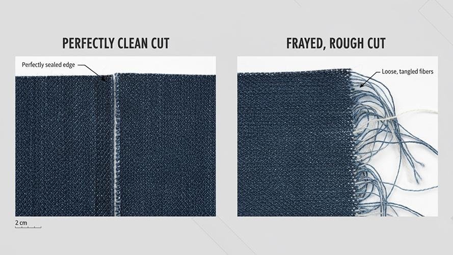 A perfectly clean cut on textile material versus a frayed cut
