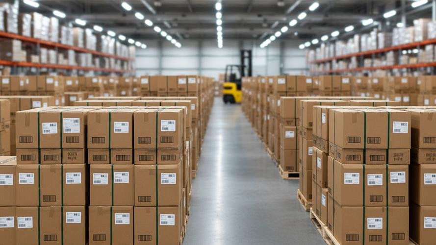Stacks of standard cardboard boxes in a warehouse