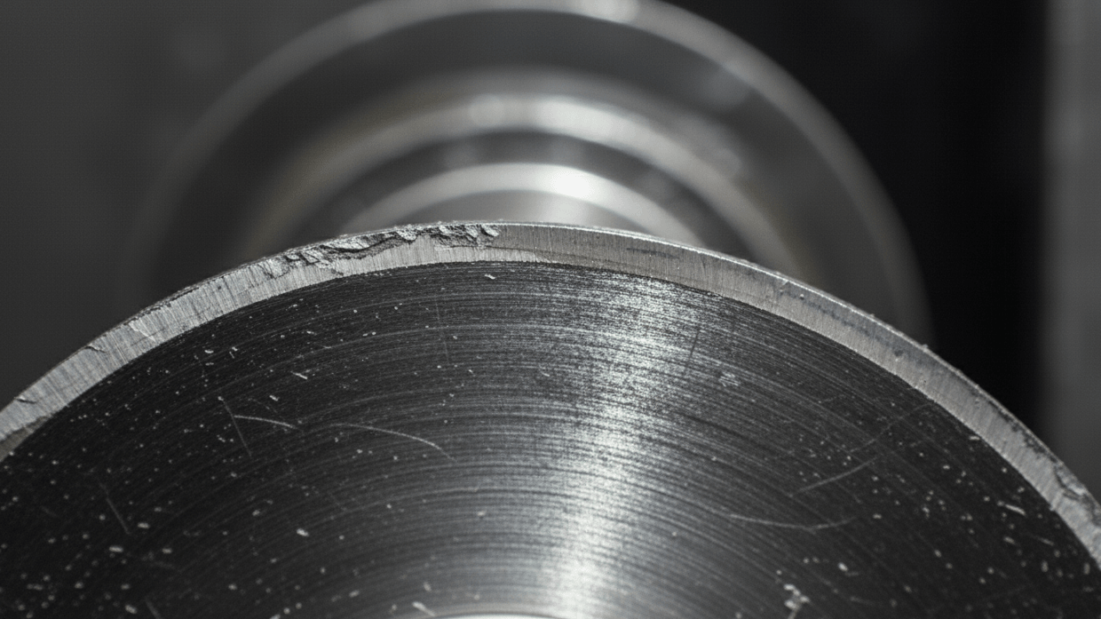 Chipped tungsten carbide blade edge closeup