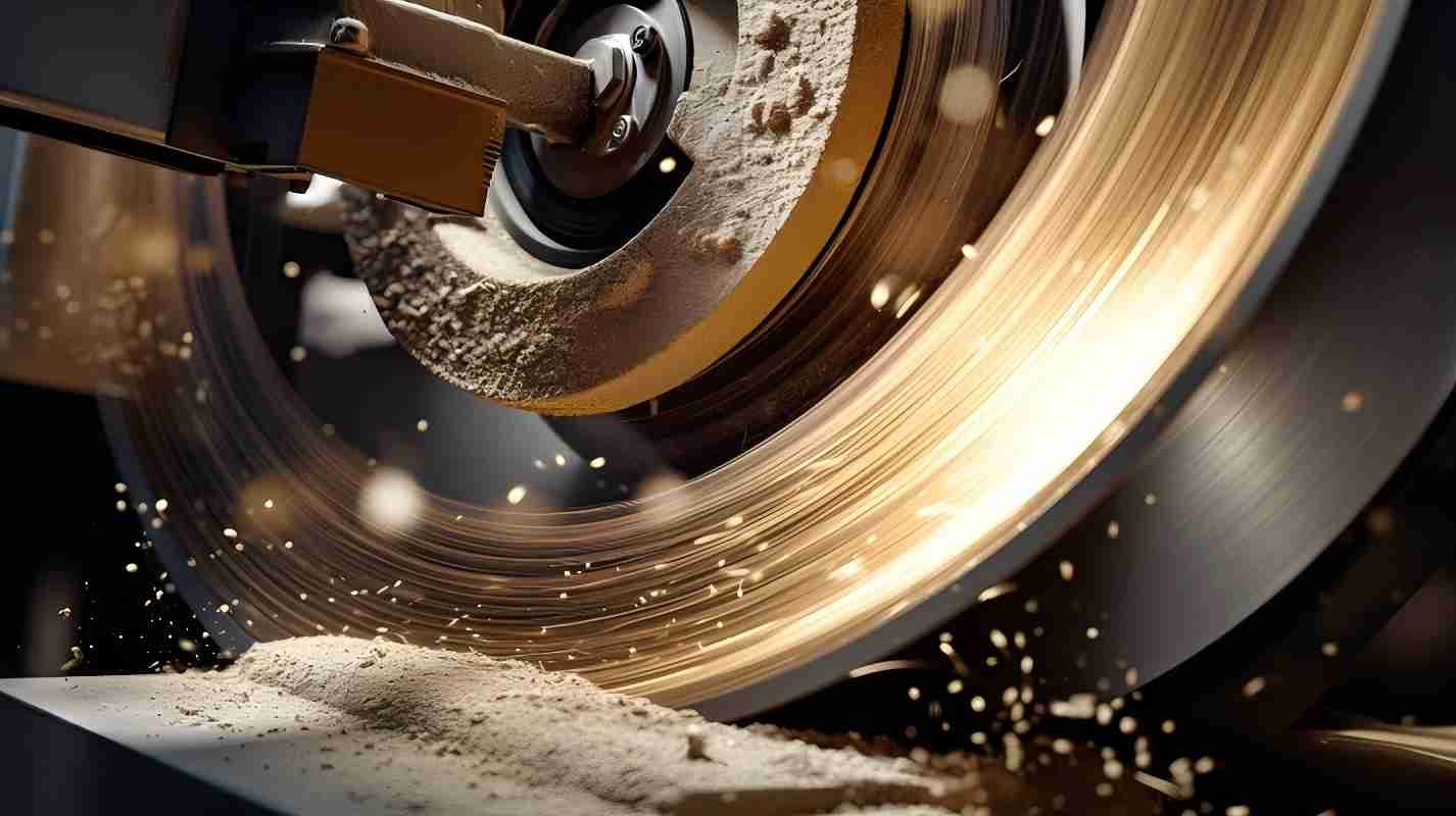 A stream of coolant flowing over a grinding wheel and blade