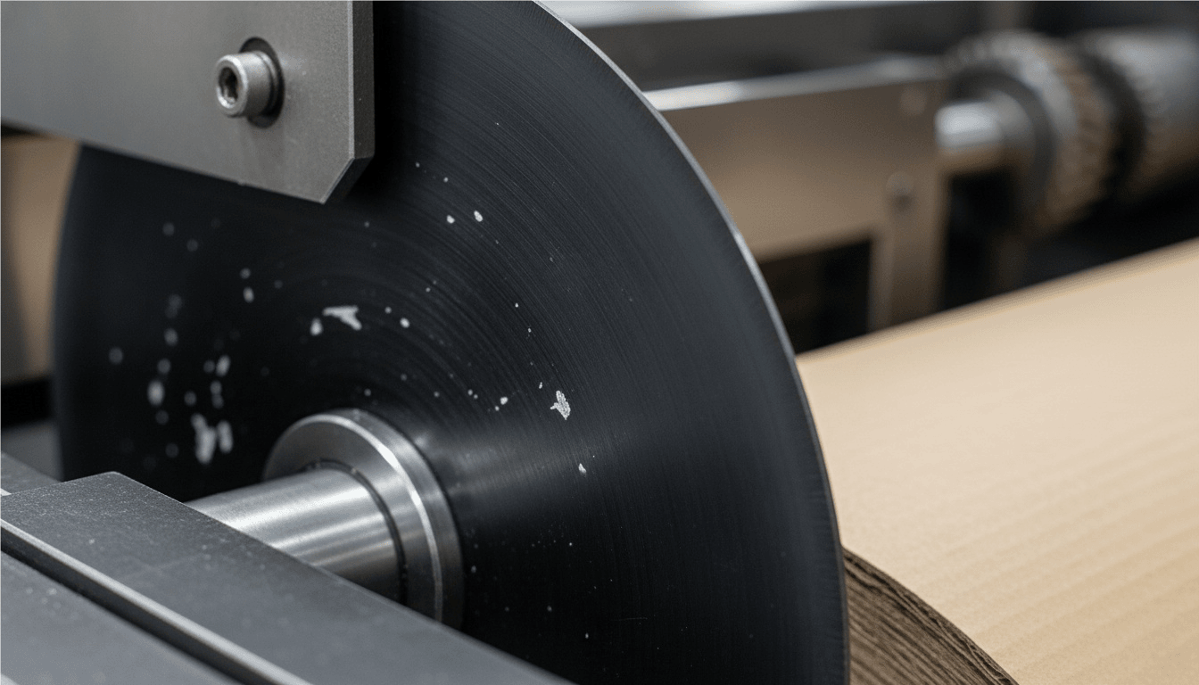 Close-up of a hot black oxidized slitter blade used in the packaging industry