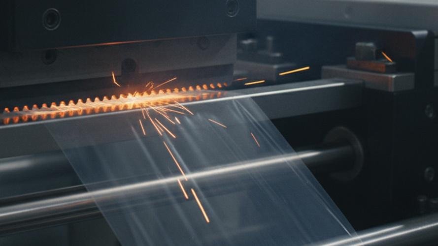 A close-up of a hot-cut perforation blade glowing slightly on a packaging machine.