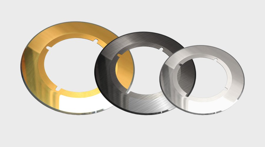 A collage of different industrial blades made from various materials like HSS, Carbide, and Ceramic.